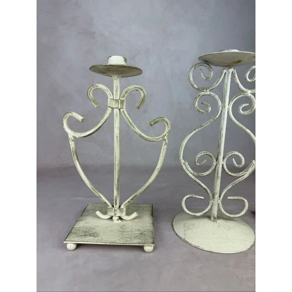 Vintage 90s Ivory Iron Candlestick Holders Scroll Cottagecore Shabby Chic Set of